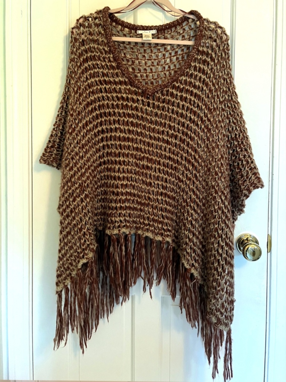 Willow & Clay boho, western knit poncho in rich brown, tan & cream tones!